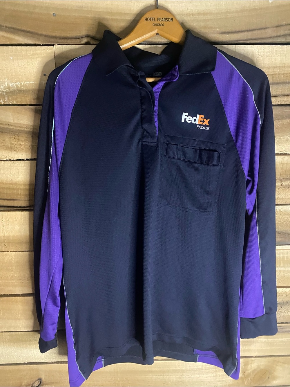 FedEx Branded Long Sleeve Polo in black and Purple size medium 1 pocket